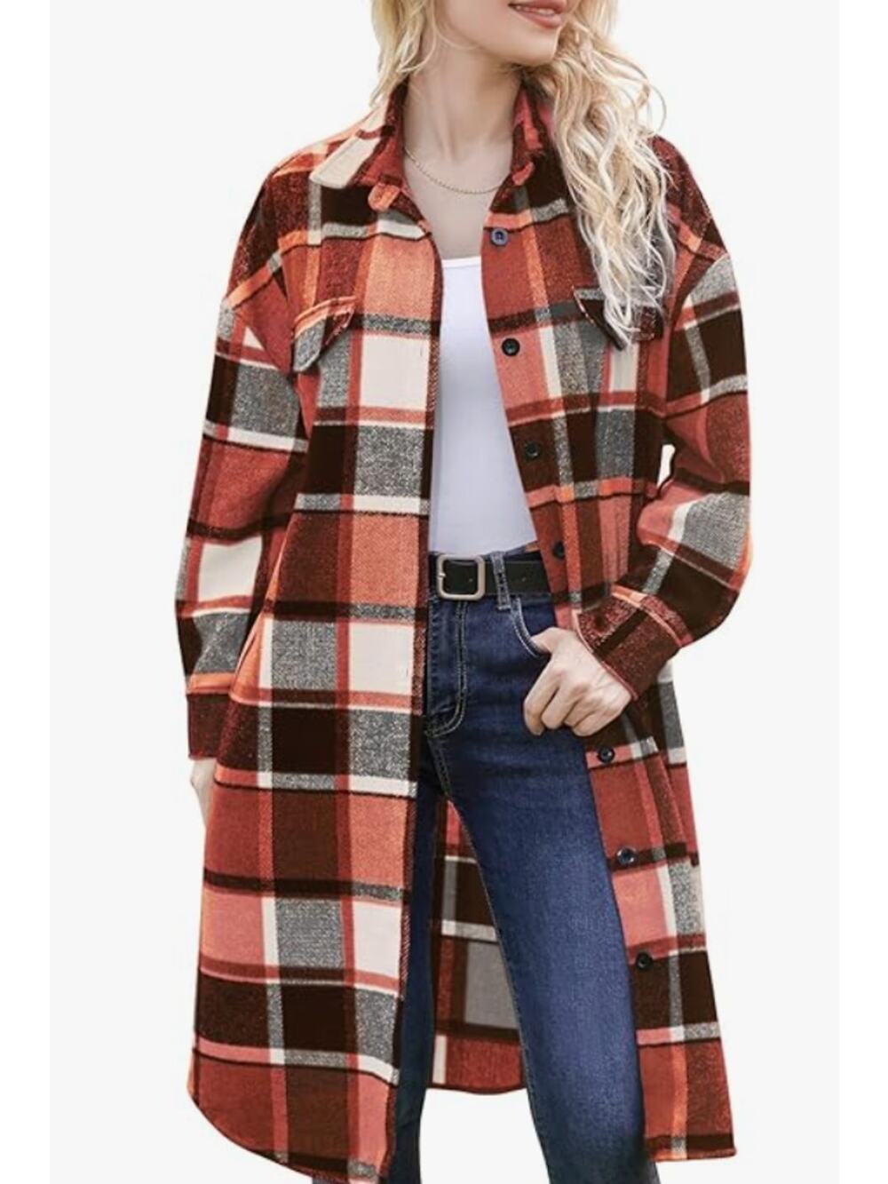 Plaid  jacket Shacket Button Wool Blend Long Tartan Trench CoatLARGE